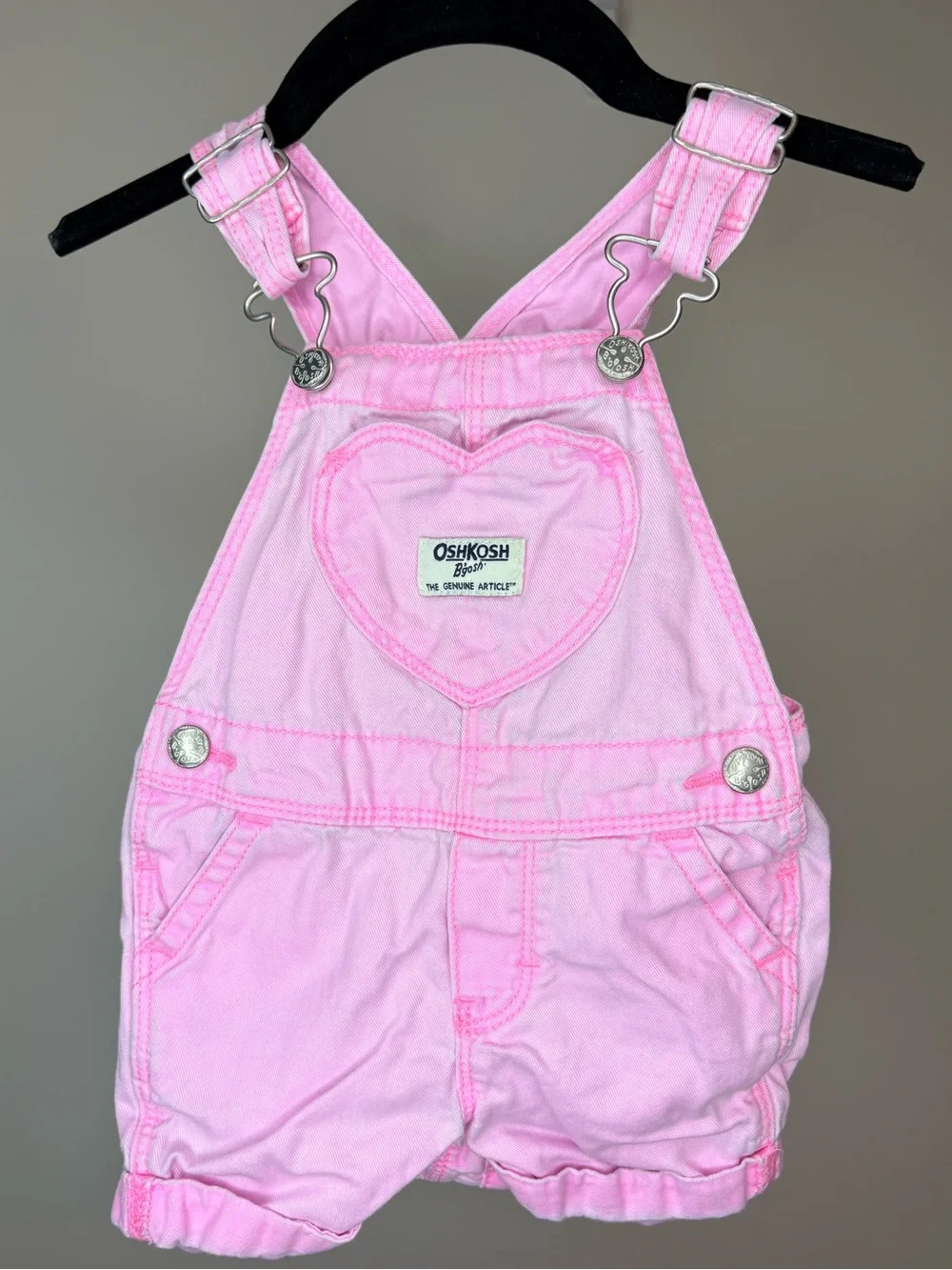 OshKosh B'gosh Pastel Pink Heart Short Summer Denim Overalls 12M